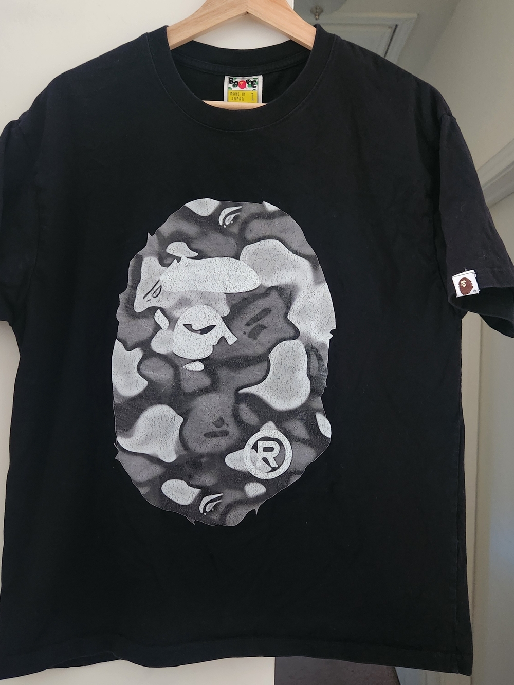 BAPE PATCHWORK Camo BIG APE HEAD TEE Sz Lg Black Gray Bathing Ape T-Shirt Japan